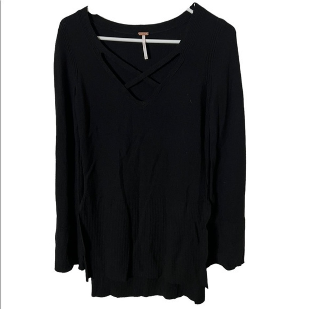 Free People Black Long Sleeve X Neckline High Low Size XS